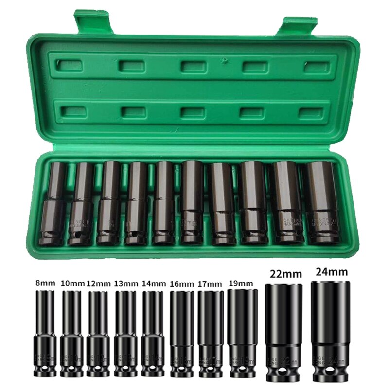 10Pcs 8-24Mm 1/2 inch Drive Deep Impact Socket Set Heavy Metric Garage Tool For Wrench Adapter Hand Tool Set