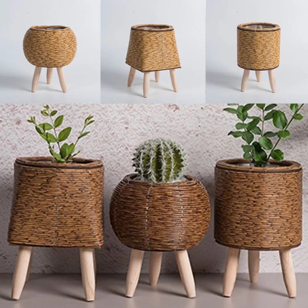 Maceta hecha a mano, florero decorativo para plantas, macetas de ratán para interiores, adornos de escritorio, macetas y jardineras de jardín