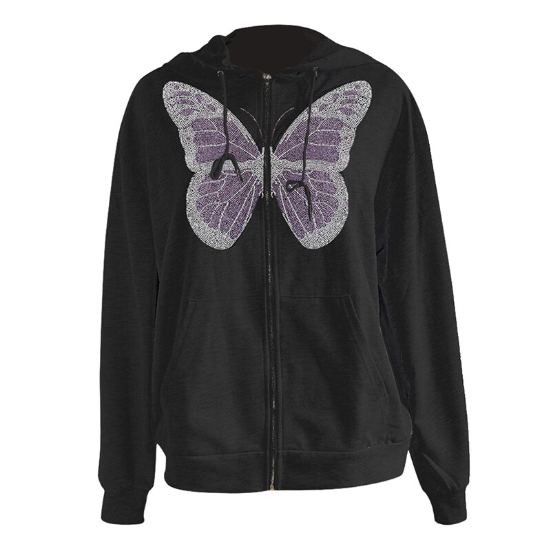 Y2K Oversized Butterfly Graphic Rhinestone Zip Up Hoodies E-girl 90s Streetwear Diamond Grey Long Jacket Autumn Spring: XL / black 2