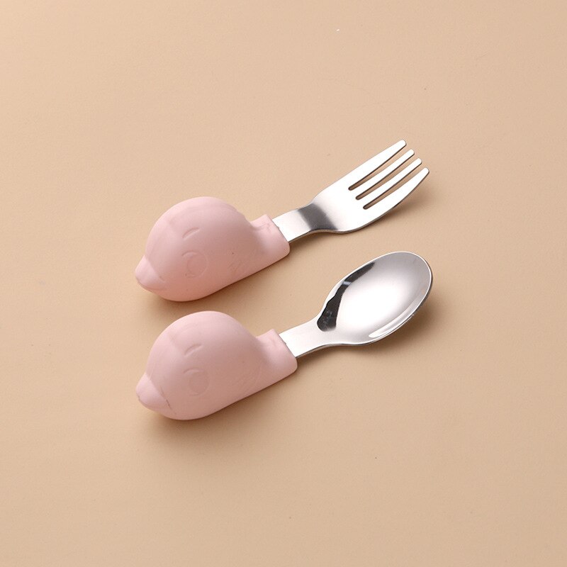 Babyservice lære at spise træning ske kort ske gaffelsæt spædbørnsservice fodergaffel baby gadgets børnebestik: Pink angry bird ske gaffel ingen æske