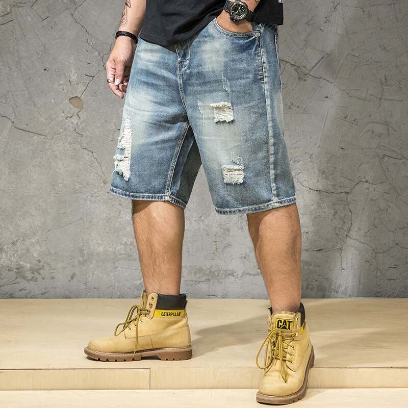 Slitna jeansshorts herr plus size 4xl 5xl 6xl håls jeans destressed shorts herr stor stor storlek bermuda byxor rak passform herr