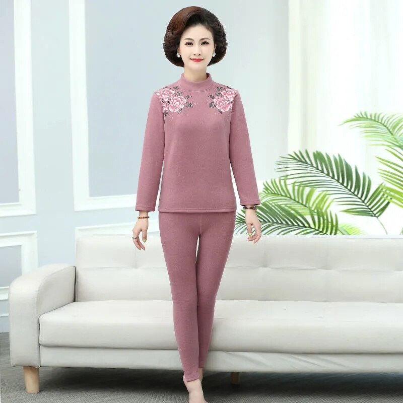 Mama&#39;s De Velvet termiczna odzież garnitur zima w średnim wieku starszych kobiet Plus aksamitna gruba bielizna termiczna dwuczęściowy zestaw M429: Bean Paste / 4XL