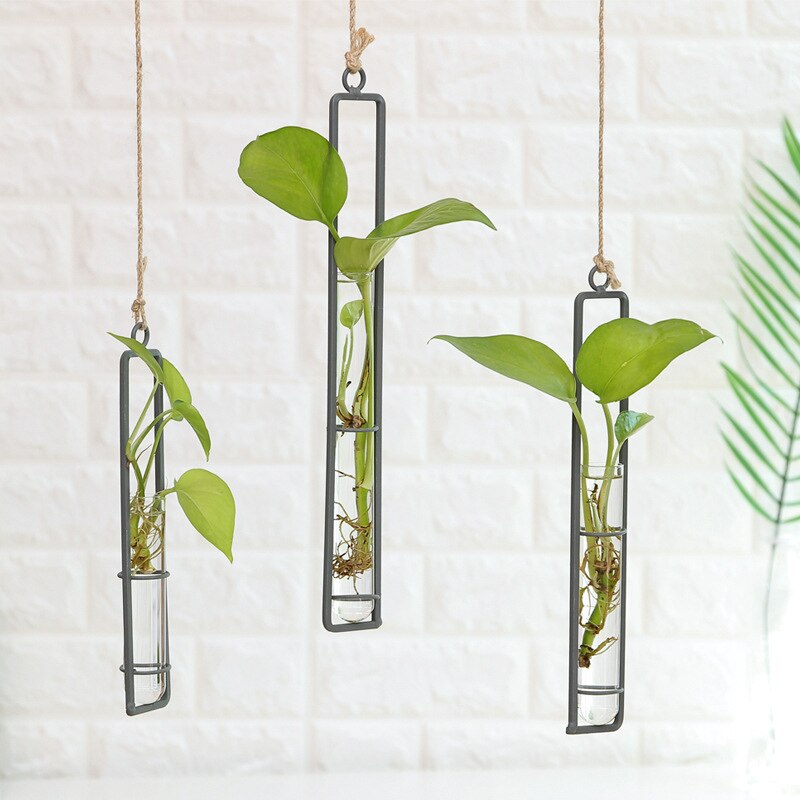 Wanddecoratieve bloemenvaas van ijzer, glas en hydrocultuurpot, transparante hangende bloemenfles, huisdecoratie