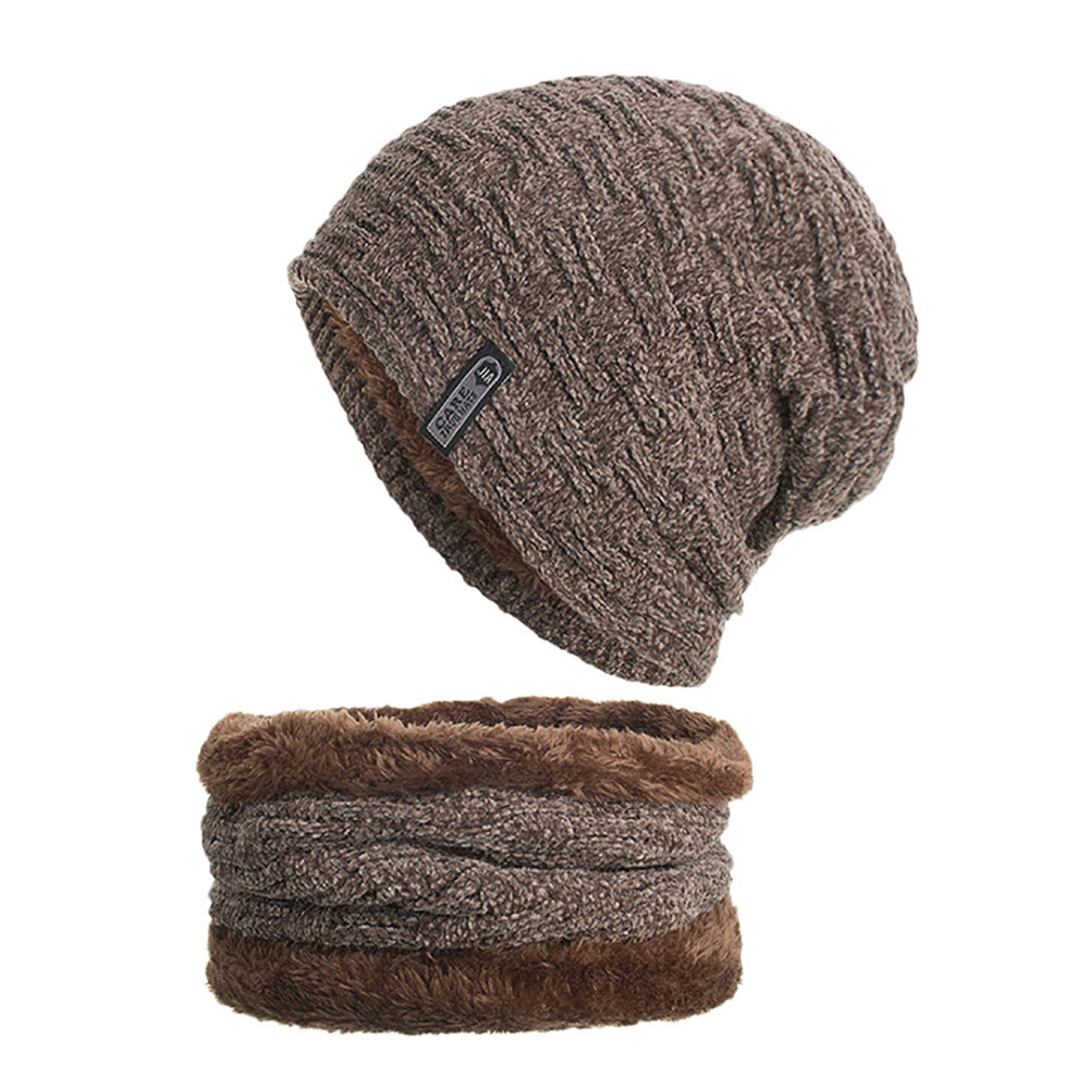 2 pièces Homme Chapeau Écharpe Ensemble tricotin czapka je komin шапка с шарфом Hiver Bonnet En Tricot Cache-oreilles Plus Velours Épais Foulard Chapeau # E