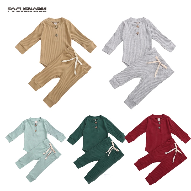 Casual 0-24M Newborn Baby Clothes 2Pcs Cotton Comfortable Solid Infant Boys and Girls Suit Long Sleeve Romper+ Pants