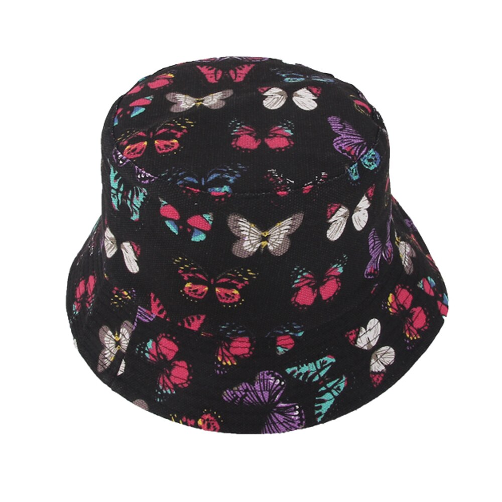 [ Meltryllis] Fishermen Cap For Women Gorras Summer Reversible Black White Cow Pattern Bucket Hat: Black Butterfly