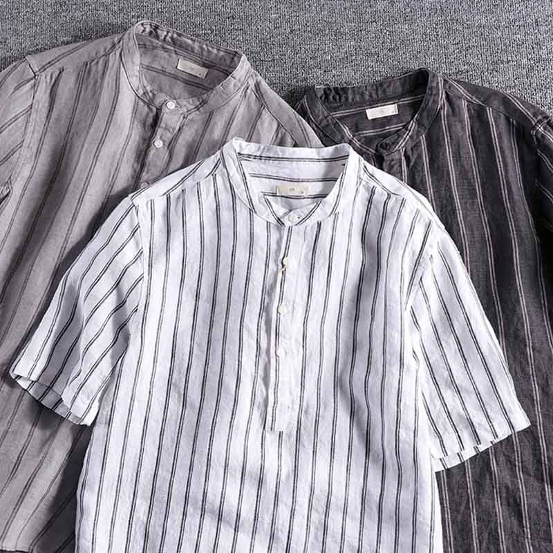 Linnen overhemd met korte mouwen heren zomer britse trend overhemd streep contrast top 02512