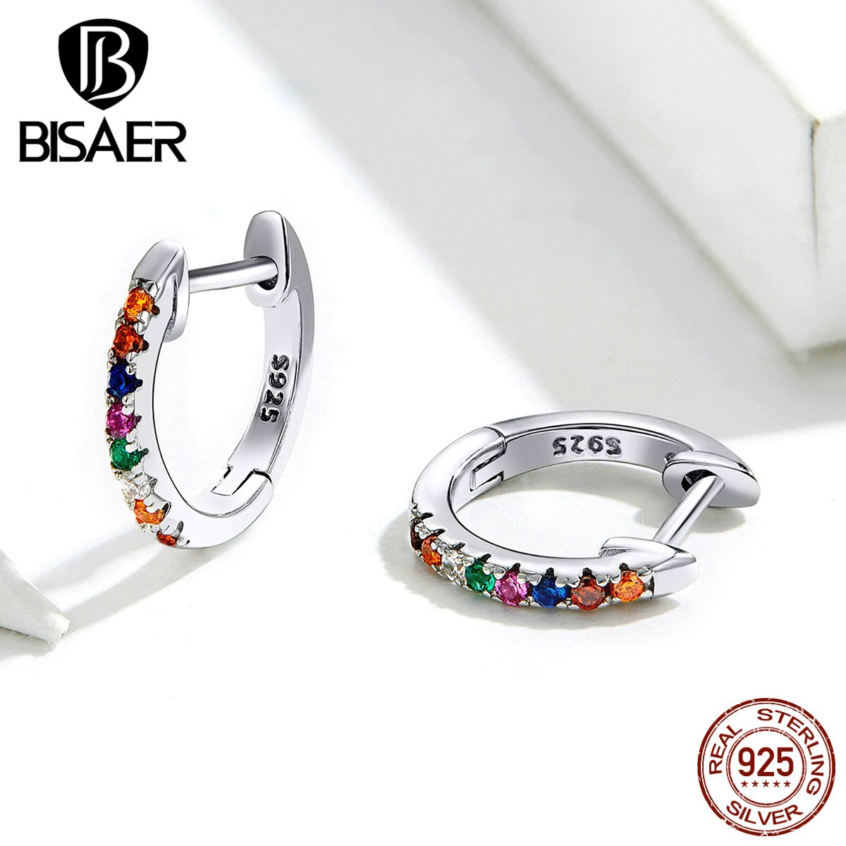 Stud Ohrringe BISAER 925 Sterling Silber Runde Kreis Frauen Ohrringe Bunte Cubic Zirkon CZ Silber Schmuck ECE721