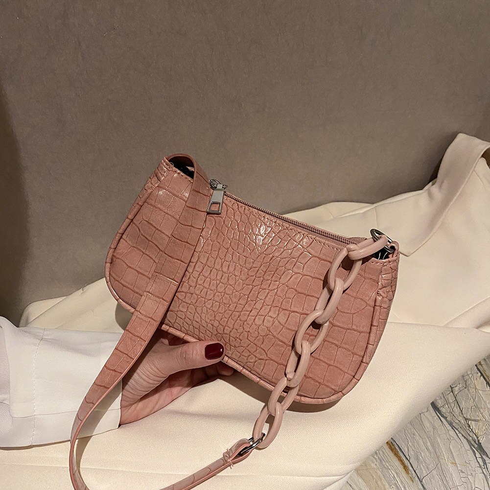 Sac à main Baguette motif Crocodile pour femmes, sac à épaule couleur bonbon avec chaîne, petits sacs sous les bras en cuir à la ,: Rose