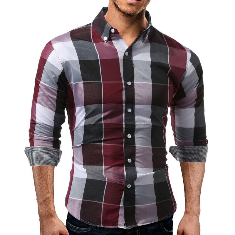 Men Slim Fit Shirts Long Sleeve Cotton Plaid Tee Shirts Casual Chemise Homme Mens Checkered Casual Handsome Men Blouse