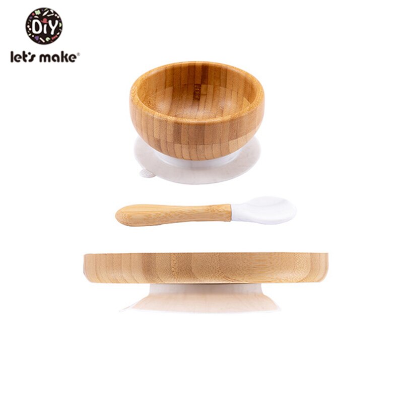 1set Baby Feeding Bamboo Bowl With Spill Proof Silicone Spoon Baby Dinner Plate Feeding Dinnerware Toddler Infant Tableware Set: white 3set