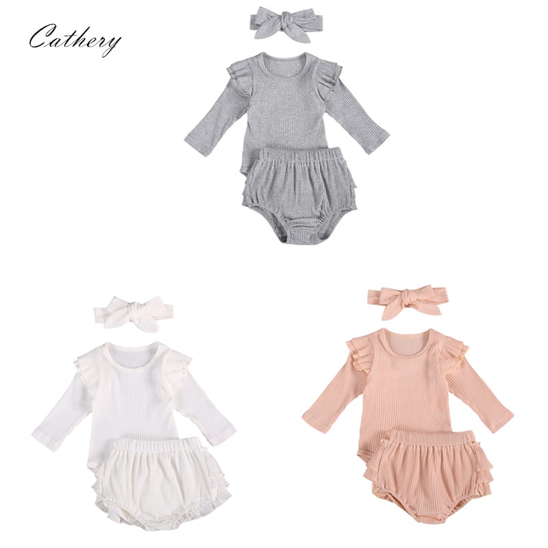 Cathery newborn kledingpak peuter babymeisje effen kleur gerimpelde vliegende mouw romper shirt + broek + strik hoofdband 3 stuks