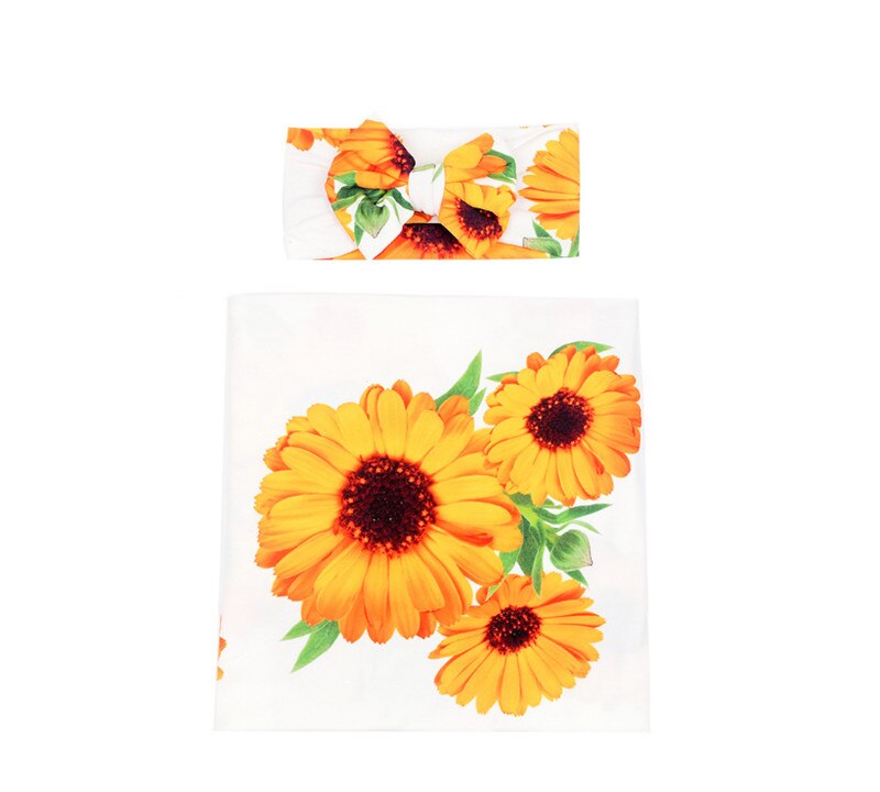 Dla niemowląt 2 sztuka snu zawinąć zestawy wzór słonecznik koc Bowknot z pałąkiem na głowę