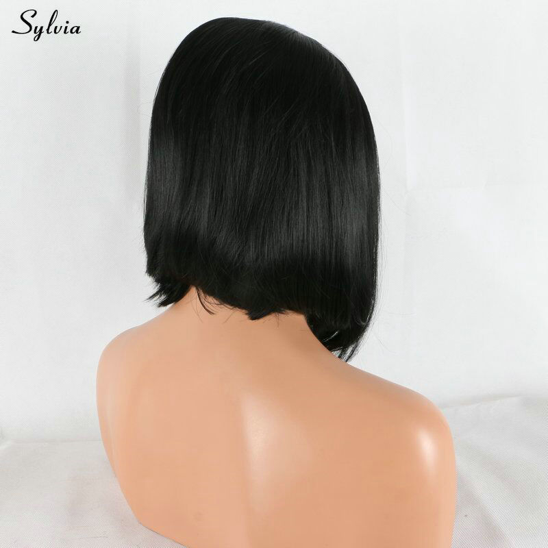 Sylvia short bob lace front synthetic wig natural black middle part soft hair China style women replacement heat resistant fiber