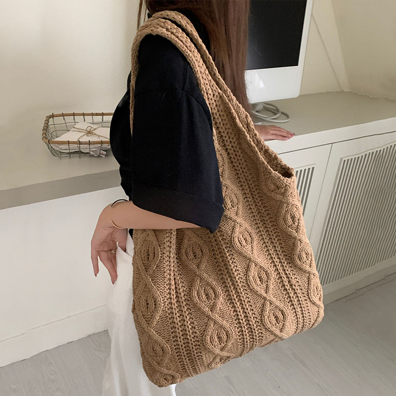 Bolso tipo shopper de hombro tejido de lana para mujer, bolso de compras Vintage de tela de algodón para niñas, bolso grande para mujer, bolso de ganchillo