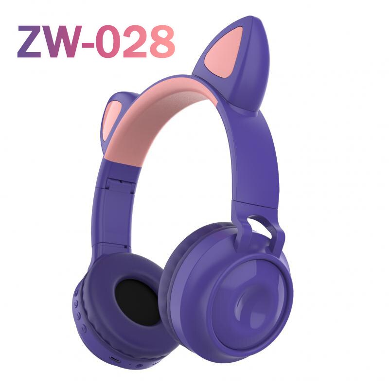 Cute Cat Ear Headphones Wireless Bluetooth 5.0 Adults Kids Girls Glowing LED Headset Support TF Card With Mic for: 02 purple ZW-028