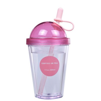 plastic adult mugs with straw milk tea coffee cup with lid double-deck student couple juice glass portable water bottle: pink / 420ml