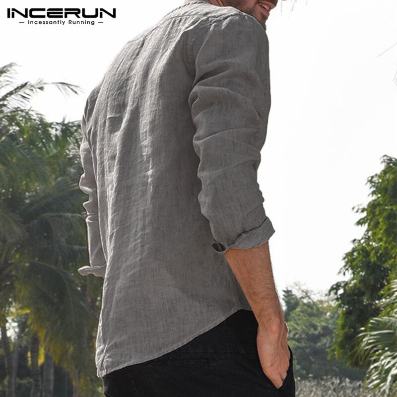 5XL Mens Dress Shirts Long Sleeve Button Crew Neck Linen Cotton Shirts Solid Loose Autumn Hiphop Plus Size Male Clothes
