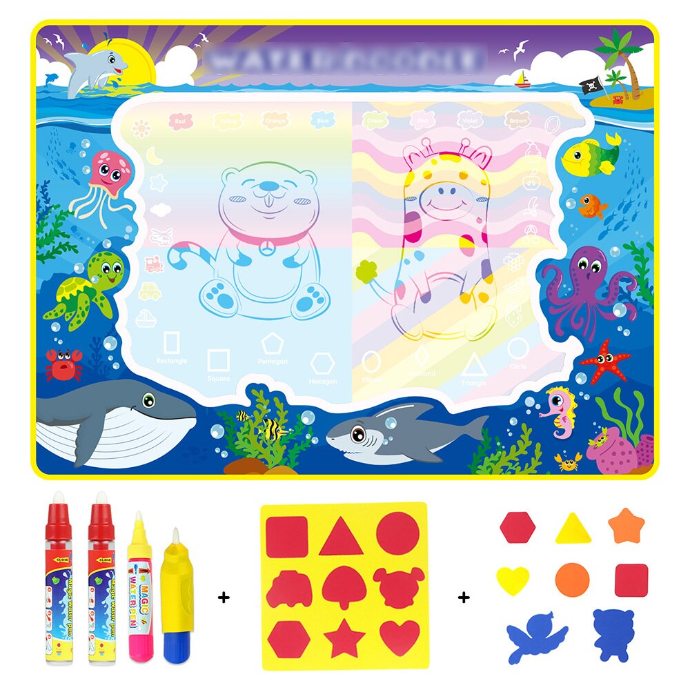 4 typer stor størrelse magisk vandtegningsmåtte sæt med vandpen & eva-frimærker maleri doodlebræt pædagogisk legetøj til børn: B 110 x 80cm