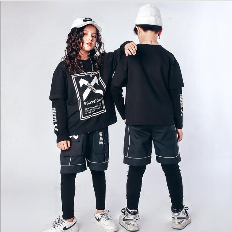 Ropa de baile de Hip Hop para niños, sudadera holgada, Tops, ropa de calle, pantalones cortos, ropa de baile, disfraz, 3 piezas