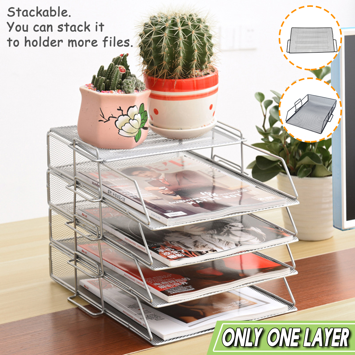 Stackable Iron Mesh A4 Paper Organizer Document File Storage Basket Holder Desktop Office Book Magazine Newspaper Storage Tray