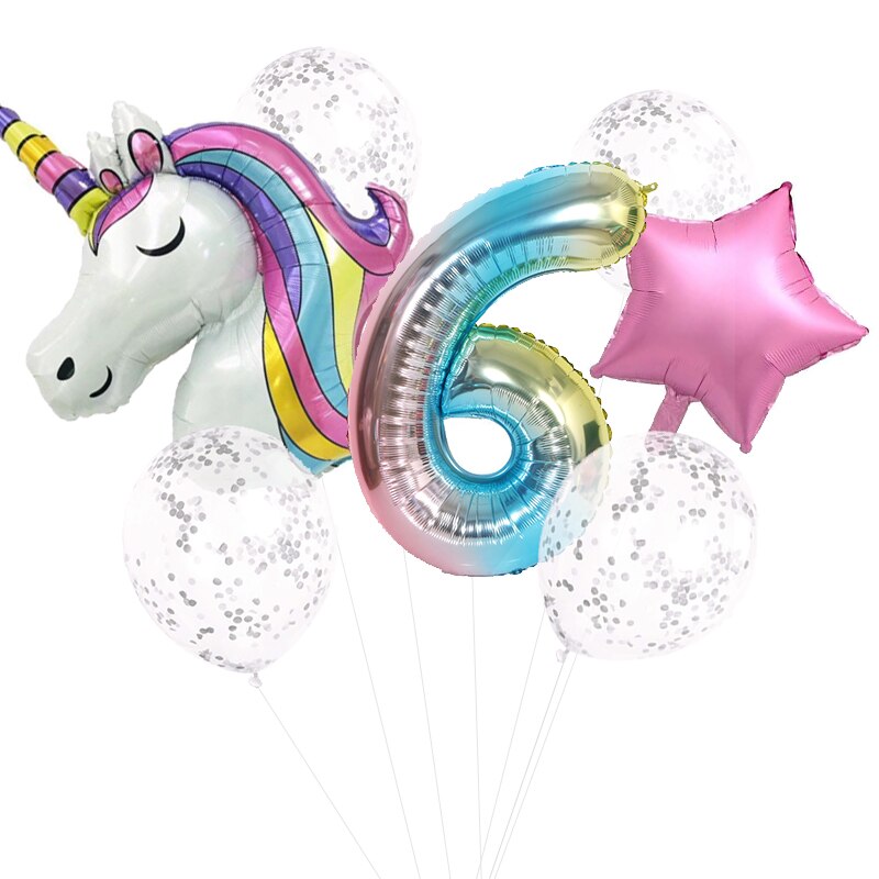 7 st regnbåge unicorn party ballonger unicorn födelsedagsdekoration nummer ballong barn födelsedagsfest dekoration för tjejer: 6 enhörning