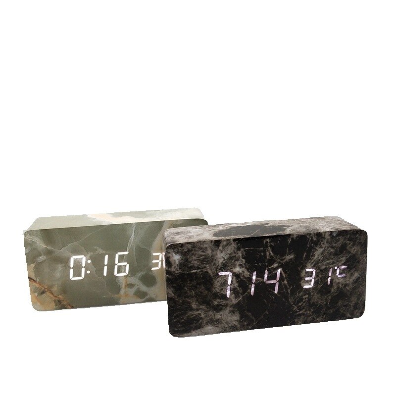 Marble Pattern Digital Wooden LED Alarm Clock Wood Retro Glow Clock Desktop Table Decor Voice Control Snooze Function Desk Tools
