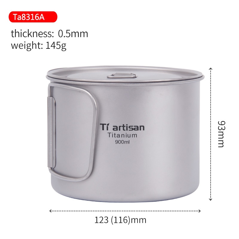 Tiartisan 900ml ren titanium pot udendørs camping ultralette titanium skål med låg større kapacitet picnic køkkengrej