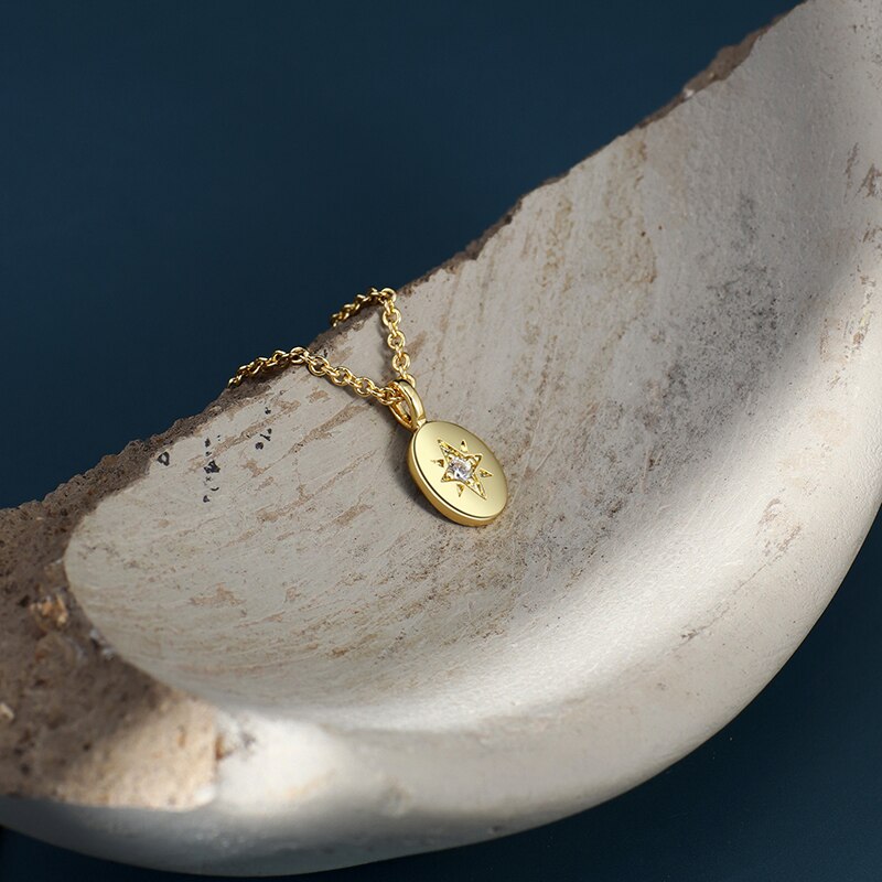 WTLTC Kleine Oval Münze CZ Stein Stern Anhänger Halsketten für Frauen zierlich sehr klein Rabatt Schichtung Halskette Französisch retro Verknüpfung halsband