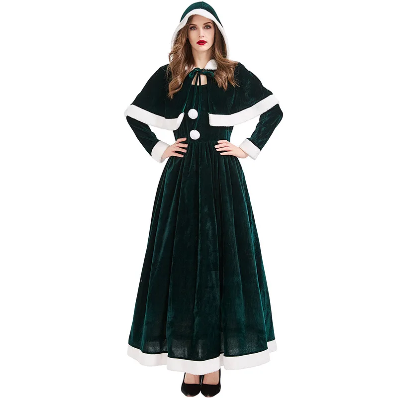 Christmas deluxe party red dress claus stage show performance costume christmas woman cape + long dress christmas season cosplay dress: S / Green