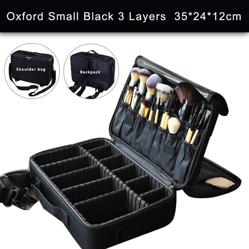 Leather Clapboard Cosmetic Bag Make Up Box Large Capacity Storage Handbag Travel Insert Toiletry Makeup suitcase: Small Oxford Black