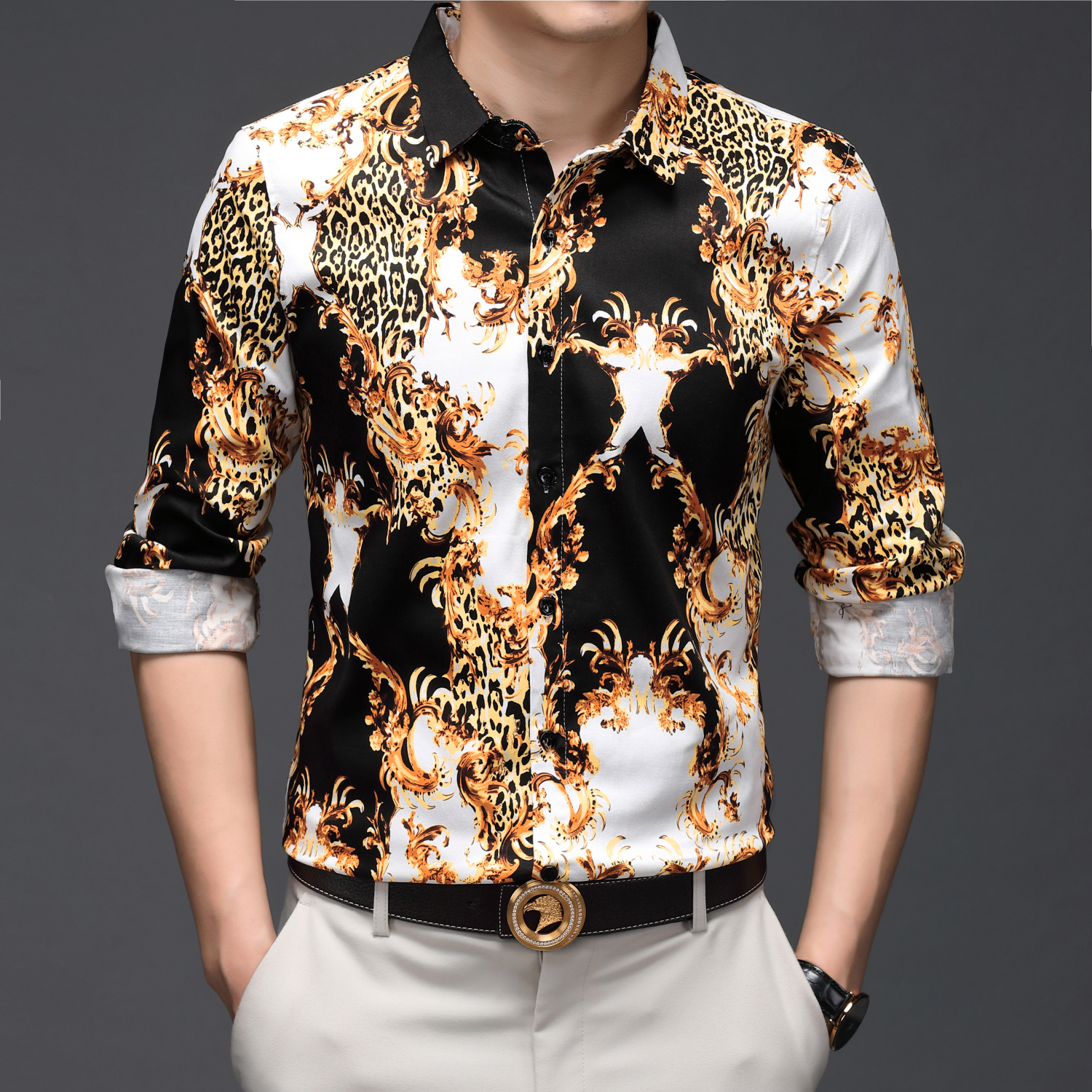 Luxury Vintage Leopard Pattern Shirt Men Slim Fit Big Size Long Sleeve Clothing Chemise Party Prom Stagewear Shirt Men