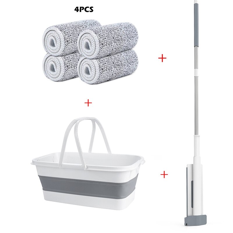 Serpillière à presser avec seau replié, lavage manuel paresseux du bois, balai plat à rotation automatique, serpillère de sol, outil de nettoyage ménager: 4pcs with bucket