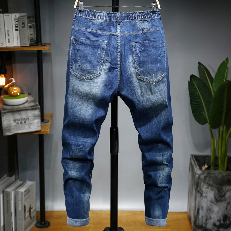 Plus size 6XL Elastic waist Ankle pants men's jeans summer stretch Loose Navy blue Leisure straight large size mid-rise jeans