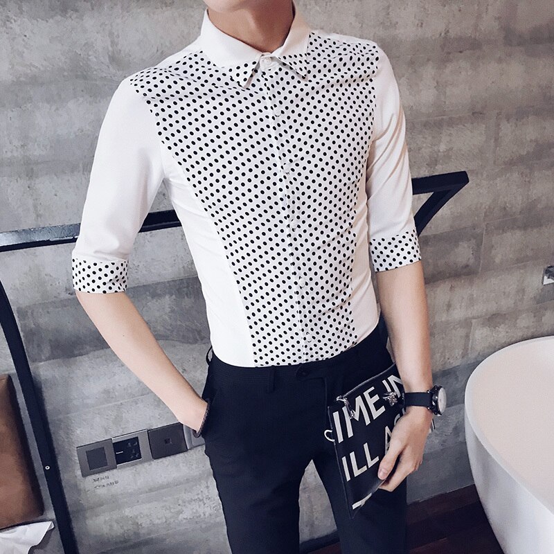Skjorte herre prikkete kortermede fritidsskjorter menn svart hvit bluse kjole smoking streetwear slim fit skjorte