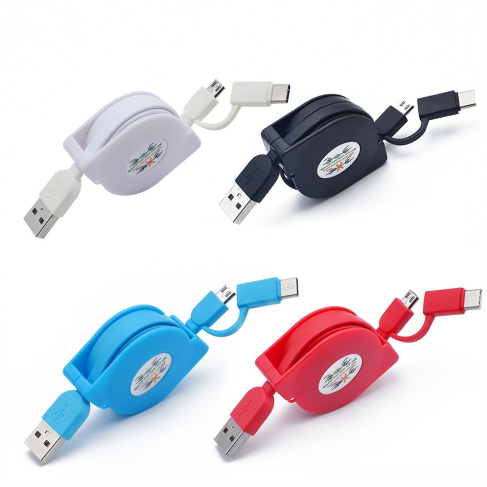 2 in 1 Micro USB & Type-C Retractable Data Charger Cable Cord 1M/3FT Universal Type C & Micro USB Port Data Transfer