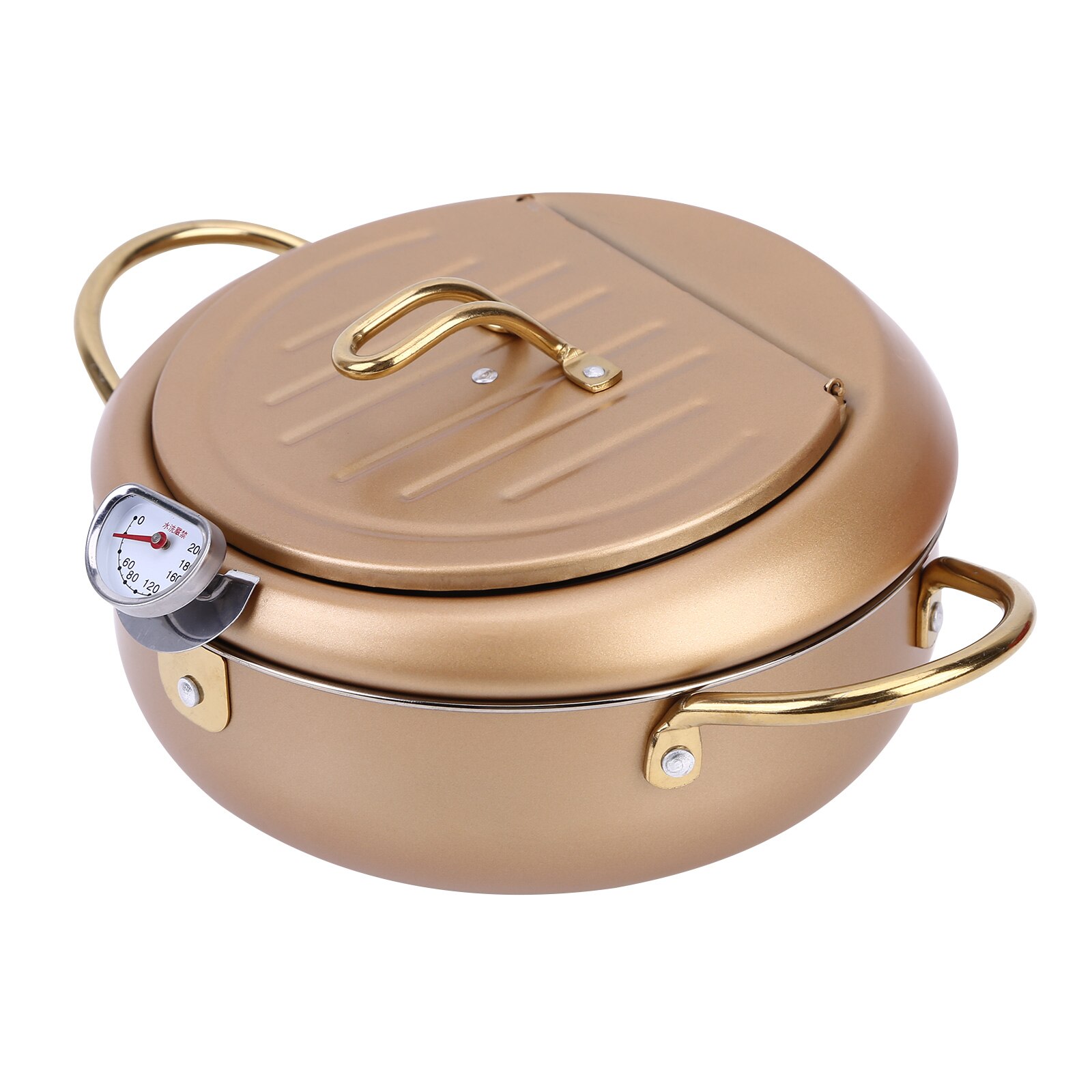 Freidora de estilo japonés de acero inoxidable 304, olla con termómetro de tapa para el hogar, patatas fritas, pescado, suministro de cocina, 20cm, 24cm: 304 24CM Champagne