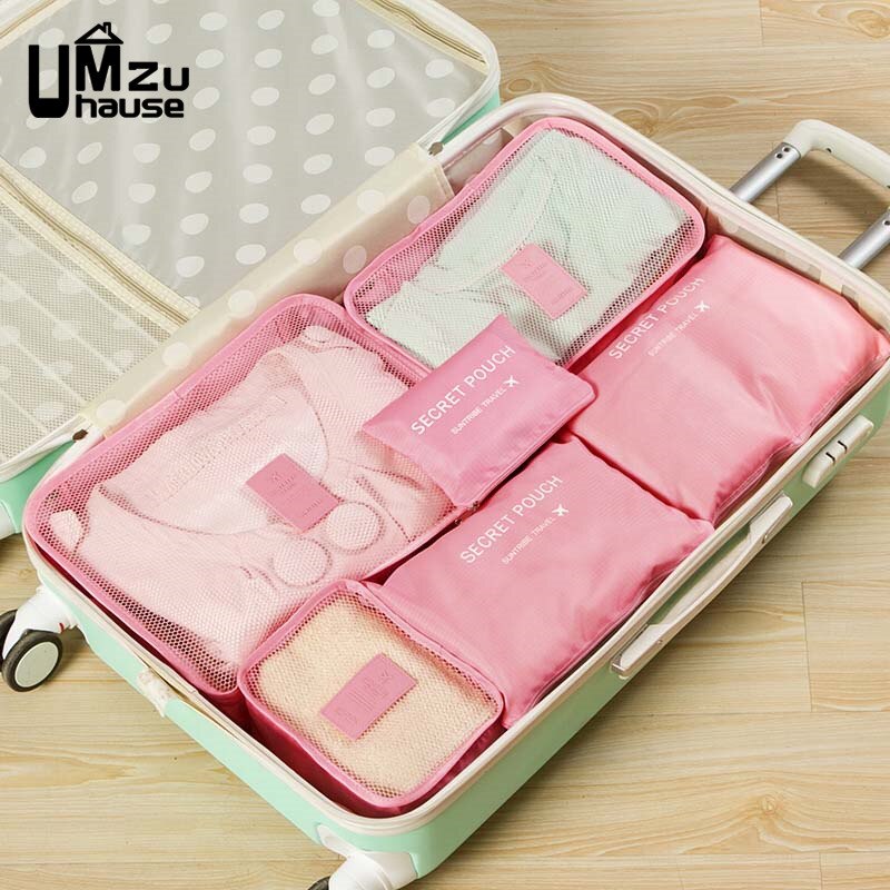 6Pcs Travel Suitcase Storage Bags Set Luggage Organizer Pack Home Organization Reusable Fabric Underwear Clothes Cosmetic Packet: Pink