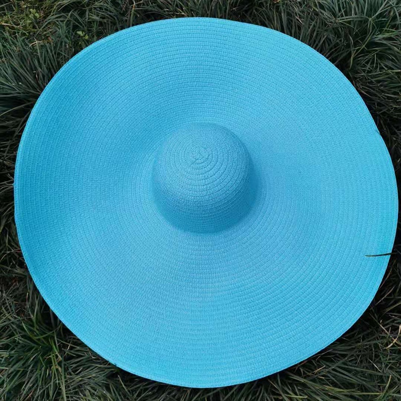 Summer Oversize Beach Hats For Women 25CM Brim Large Straw Hat Sun Protection Party Travel Hat: Sky Blue