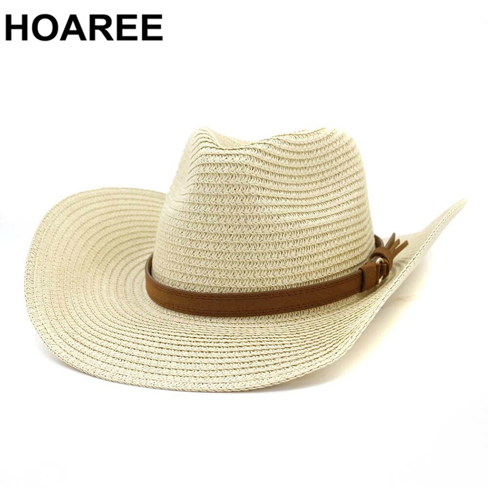 HOAREE, sombrero de vaquero de verano para hombre, sombrero de paja azul marino para el sol con cinturón, sombrero ancho Vintage para mujer, gorros de vaquera para decoración de playa, sombreros UV