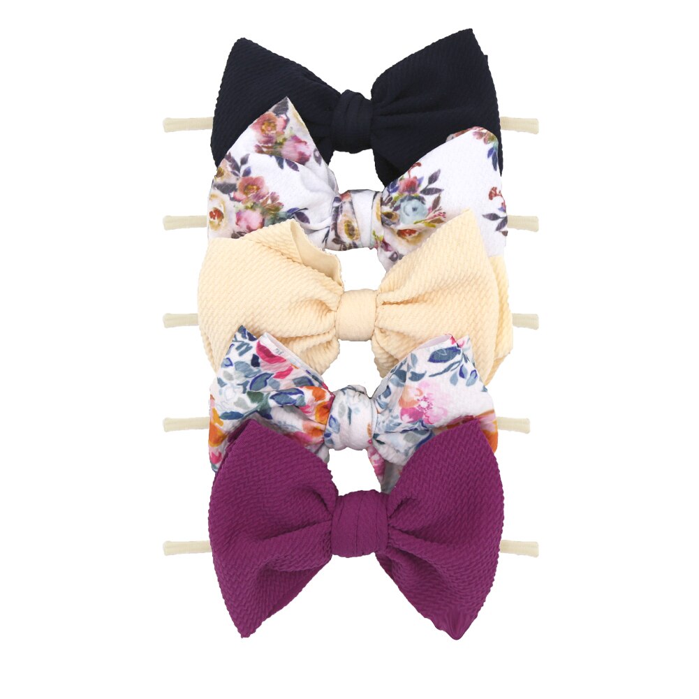 5Pcs/Lot Flower Print Elastic Nylon Band 5.9'' Big Bow Knot Headband Newborn Non-Marking Hair Accessories: mix2