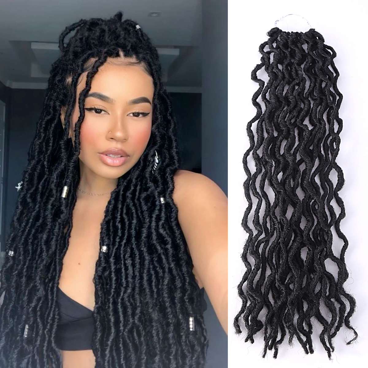 Diosa Faux Locs Crochet pelo suave rizado rastas extensiones de cabello trenzado sintético pelo Ombre Crochet Locs trenzas al por mayor: #1B / 14 pulgadas