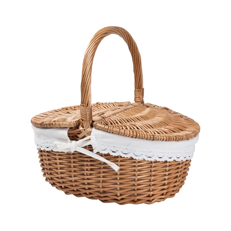 Cesta de Picnic hecha a mano, bolsas de mimbre para el almuerzo, cesta de almacenamiento de Compras de para Camping con tapa, cesta de almacenamiento de alimentos tejida para mujeres, cesta para fruta
