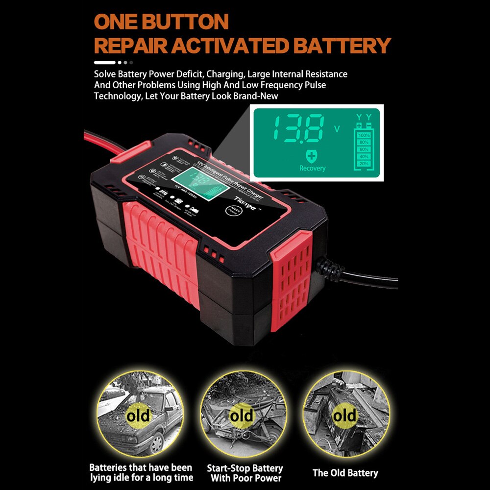 Wet Dry Lead Acid Battery Charger Full Automatic Digital LCD Display 12V 6A Car Battery Charger Agm Gel Wet Pulse Repair