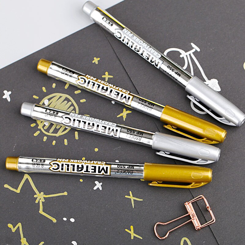BAOKE Metalli Permanent Paint Marker Pens Waterproof Gold Silver for Drawing Greeting Card Postcard Marker Craftwork Pen