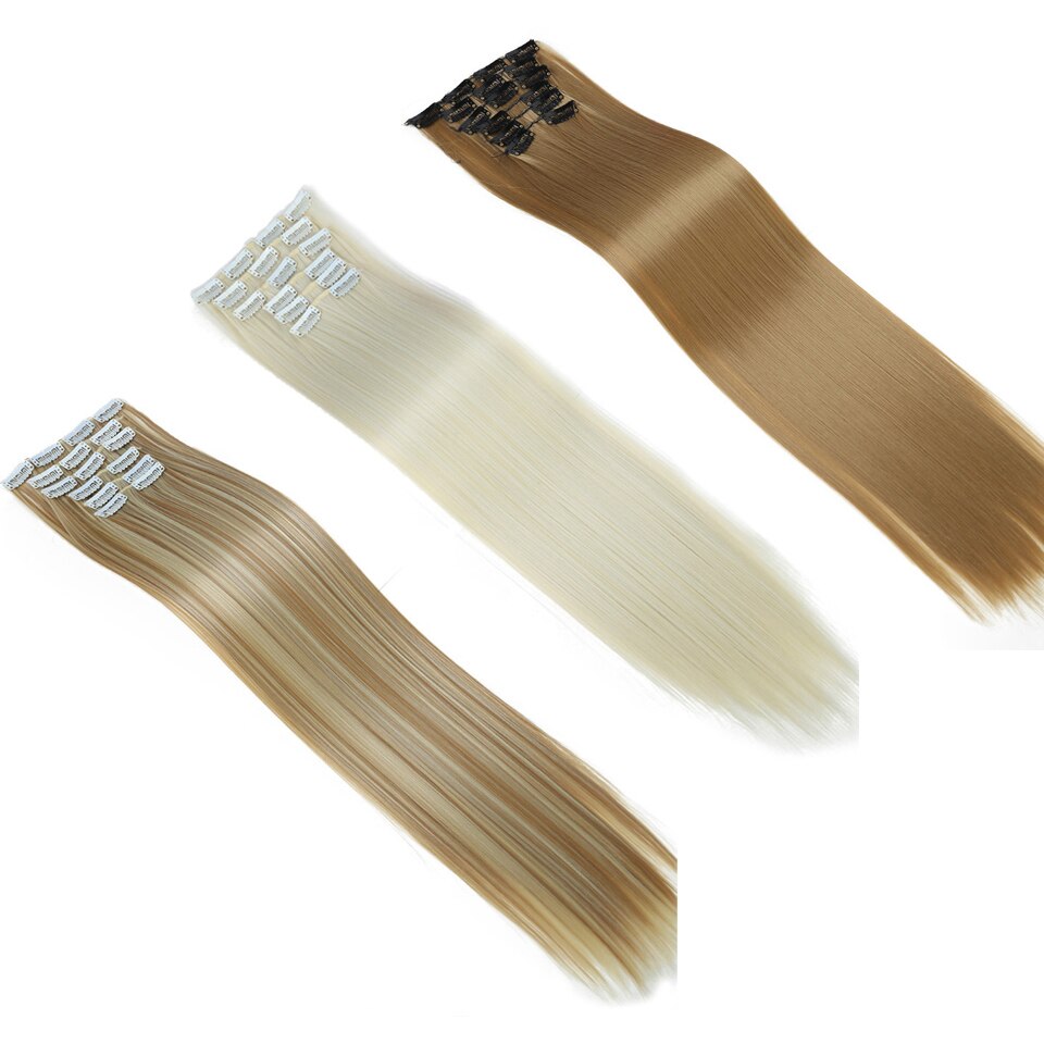 Houyan 6Pcs Pruik 16 Clips Hoge Temperatuur Vezel Lange Rechte Vrouwelijke Synthetisch Haar Uitbreiding Clip