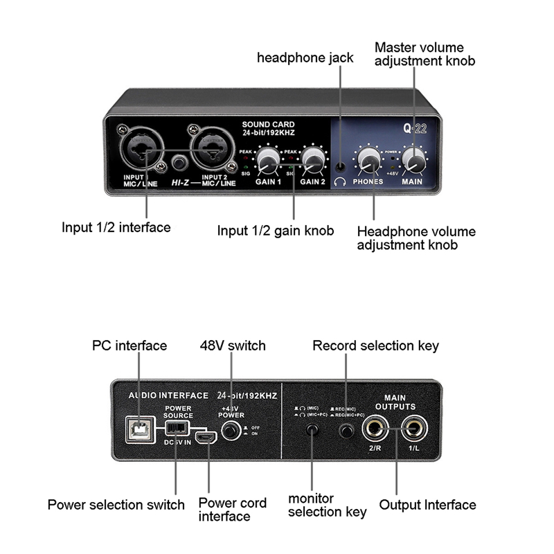 Q-22 Audio Interface Sound Card with Monitoring,Electric Guitar Live Recording Sound Card For Studio,Singing