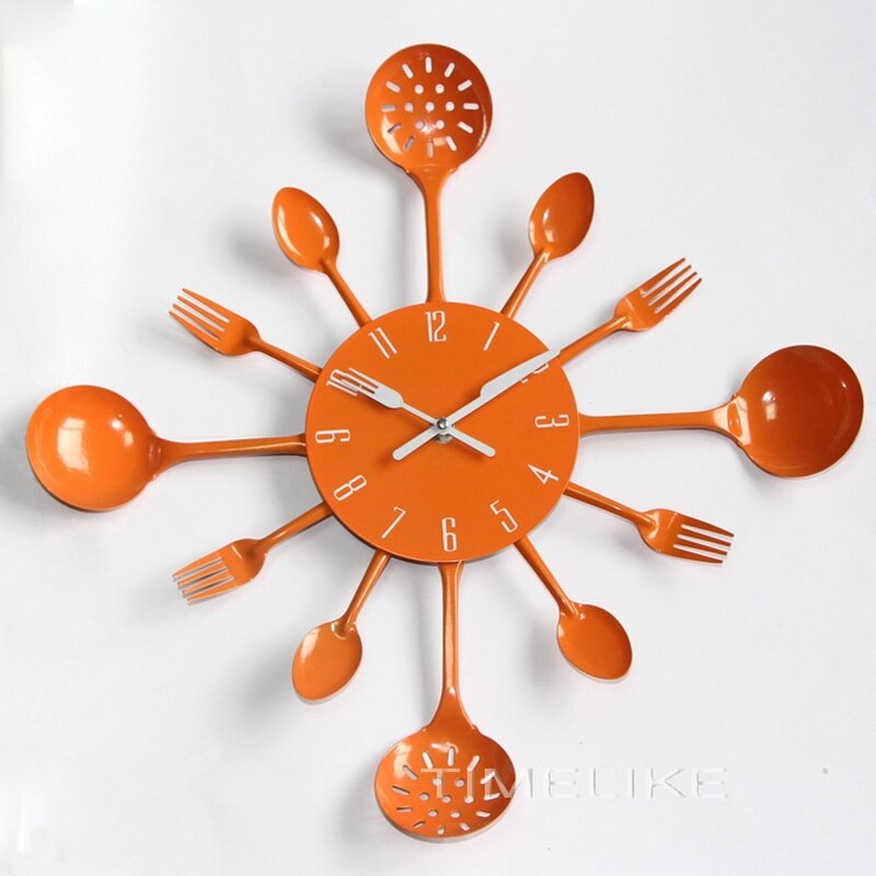 Cutlery Kitchen Clock Wall Copper Metal Spoon Fork Wall Decor Clocks Modern Art Horloge 3d Wall Clock 2022: oranger