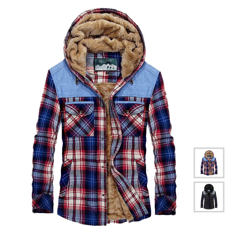 Winter Shirt Men Thick Warm Fleece Shirts Plaid Cotton Men Shirt Long Sleeve Camisa Masculina Plus Size M-XXXL Hooded Shirt Men