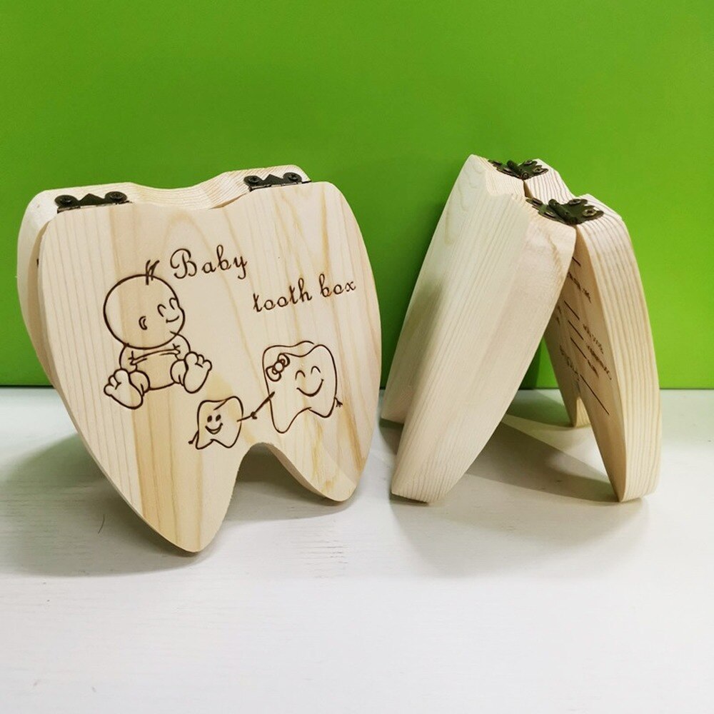 Wooden Baby Tooth Box English Milk Teeth Umbilical Organizer Storage Boys Girls Souvenir Case Baby